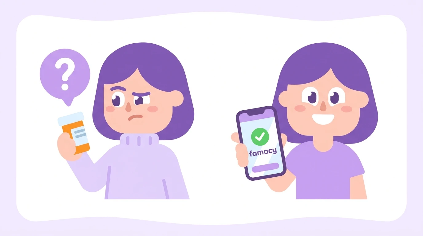 Before famacy: a confused person holding a pill bottle with a question mark. After famacy: the same person smiling, holding a phone with the famacy app open and a checkmark.